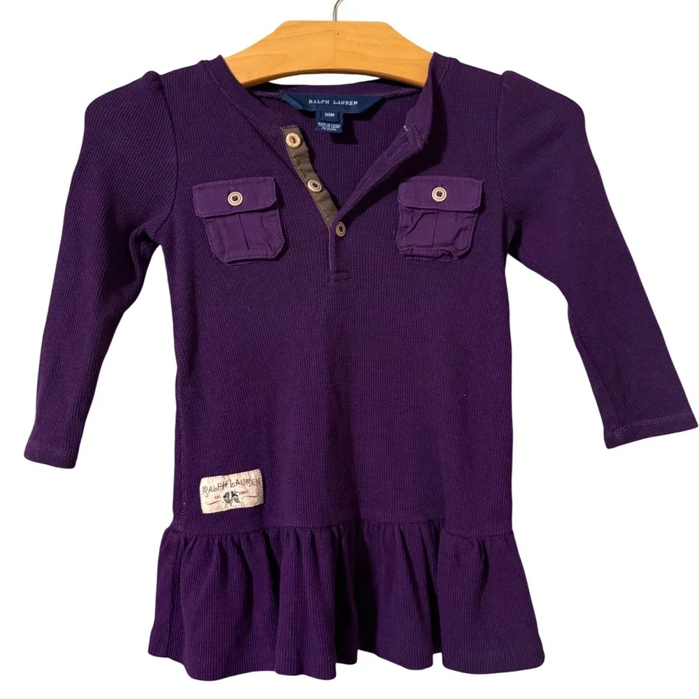 Ralph Lauren Purple Waffle Knit Peplum‎ Henley Top Baby Girls 18M Long Sleeve